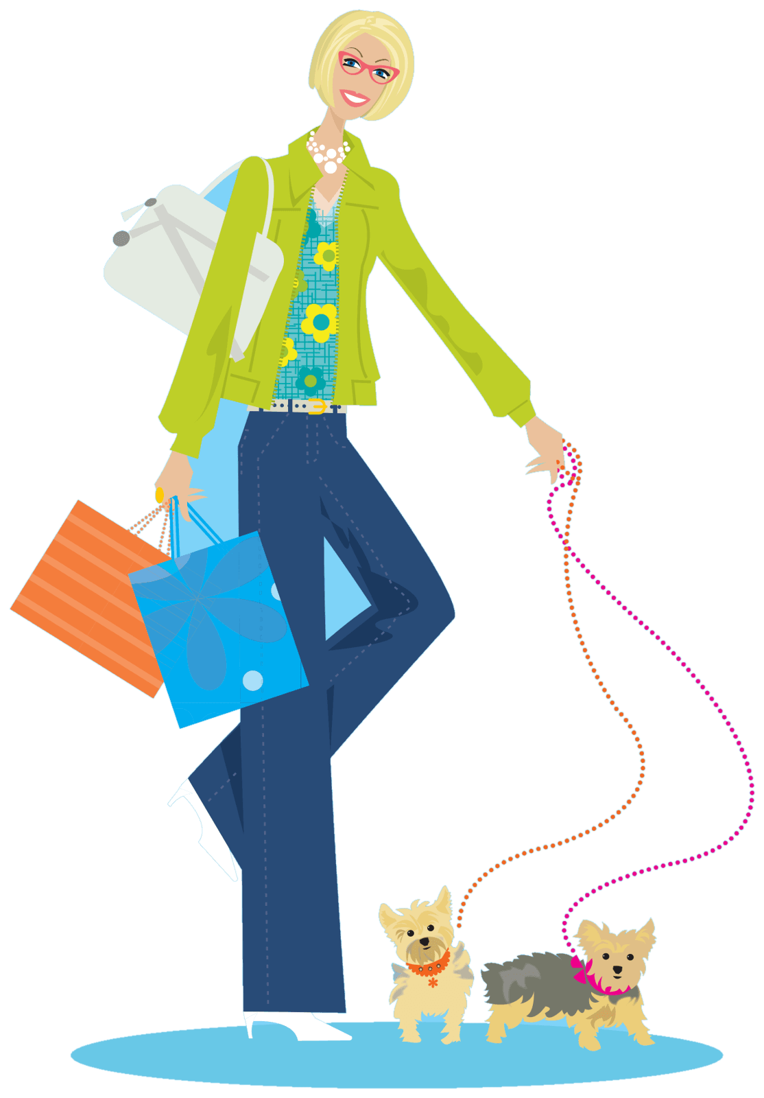 Illustration from the book of Angie walking with shopping bags and her two Yorkies
